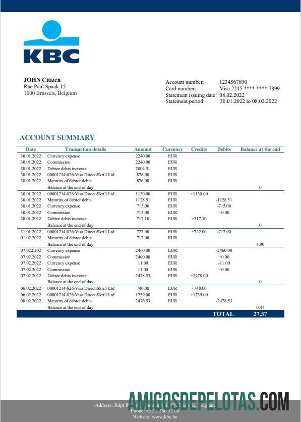 Modelo de extrato bancário KBC da Bélgica para impressão em formato Word e PDF